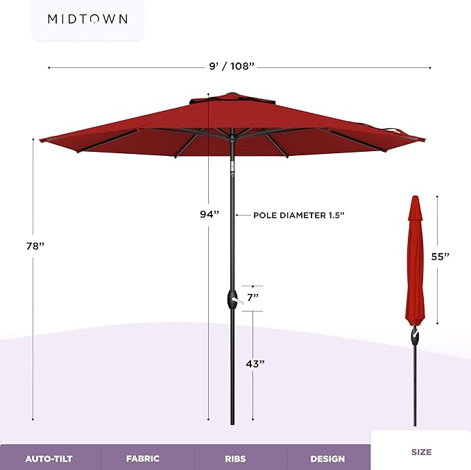 Midtown Umbrellas - The Lean 9 Ft Patio Umbrella with Fade-Resistant Sunbrella Fabric, Auto-Tilt Aluminum Frame and 8 Reinforced Ribs for Deck, Pool & Garden - Red Canopy, Black Pole