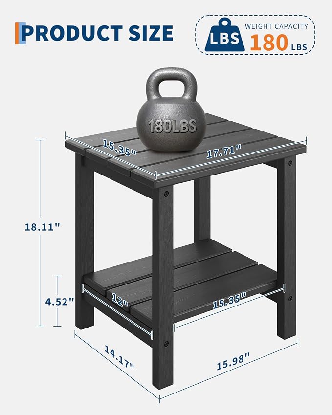 Takywep Adirondack Outdoor Side Table 18 x 15 in, HDPE 2-Tier Patio Side Table, All-Weather End Table for Patio, Pool Deck, Indoor & Backyard, Gray