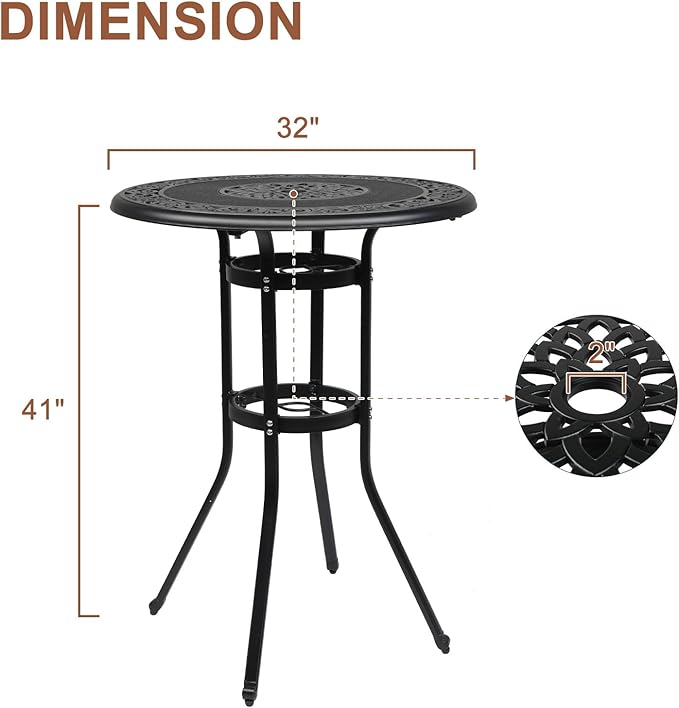Vasitelan 32" Cast Aluminum Patio Bar Table, 41" Height High Top Outdoor Table, Pub Height Bistro Round Table for Paito Lawn Garden