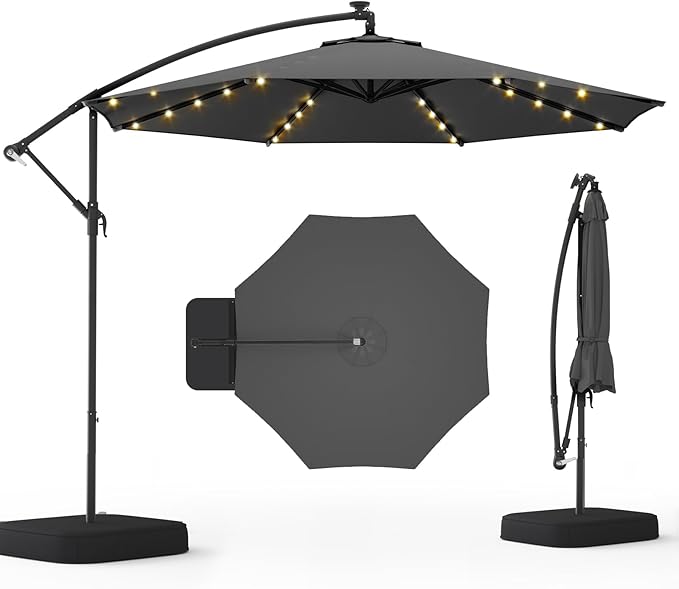10FT 40-LED Solar Lighted Patio Umbrella with Base Included, Outdoor Offset Cantilever Umbrella, Infinite Tilt, UV Protection for Backyard, Lawn, Garden & Pool