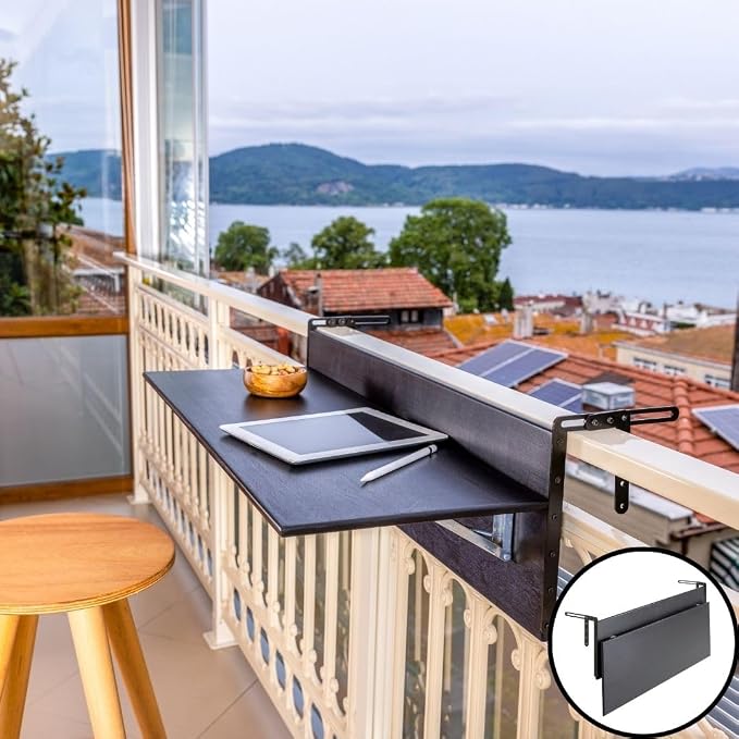 Balcony Bar Table for Railings, Outdoor Folding Deck Rail Table for Patio, Balcony Hanging Desk for Many Railings Compatible, Wooden Bar Serving Table for Porch (Black, L: 39.5 x 11.8 inches)
