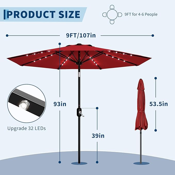 9FT Outdoor Patio Umbrella, 8 Ribs Market Table Umbrella with Solar Light & Tilt & Crank, UV-Resistant Waterproof for Pool, Deck, Backyard, Red