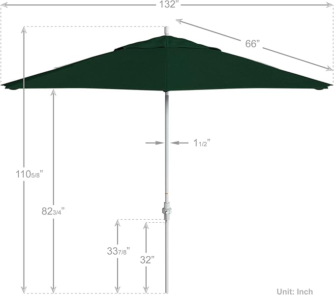 California Umbrella 11Ft Premium Sunbrella Patio Umbrella, Hand-Crank, Tilt-Collar, White Frame, Forest Green Fabric