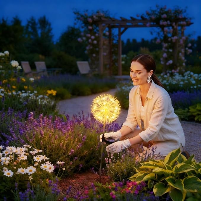 Solar Garden Lights Outdoor Waterproof Decorative, 2-Pack 19LED Warm White Fairy Light 8 Modes, Solar Firework Lights for Yard, Patio, Pathway, Garden Decor