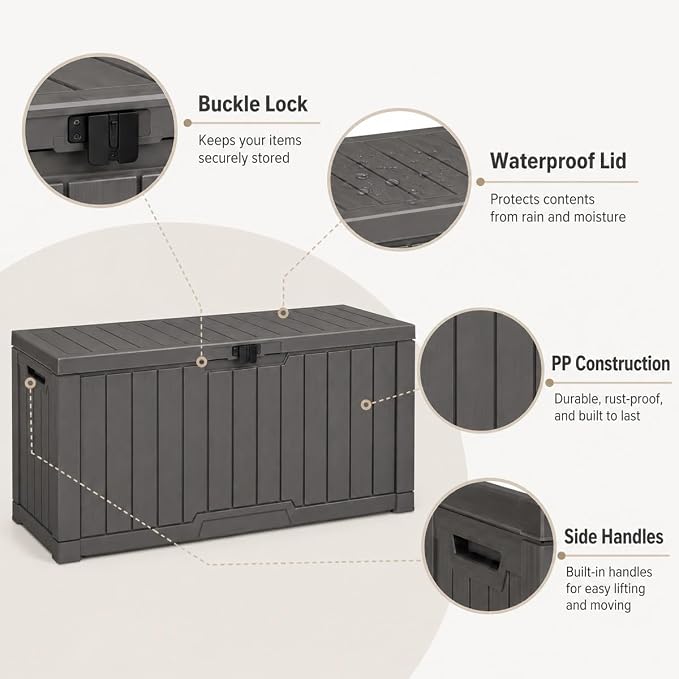 Outdoor Storage Box, Waterproof Deck Box with Buckle Lock, Patio Storage Box for Cushions and Outdoor Toy Storage, 30/60/80/100/120 Gallon PP Bench or Side Table for Patio Garden Backyard(100 Gallon)