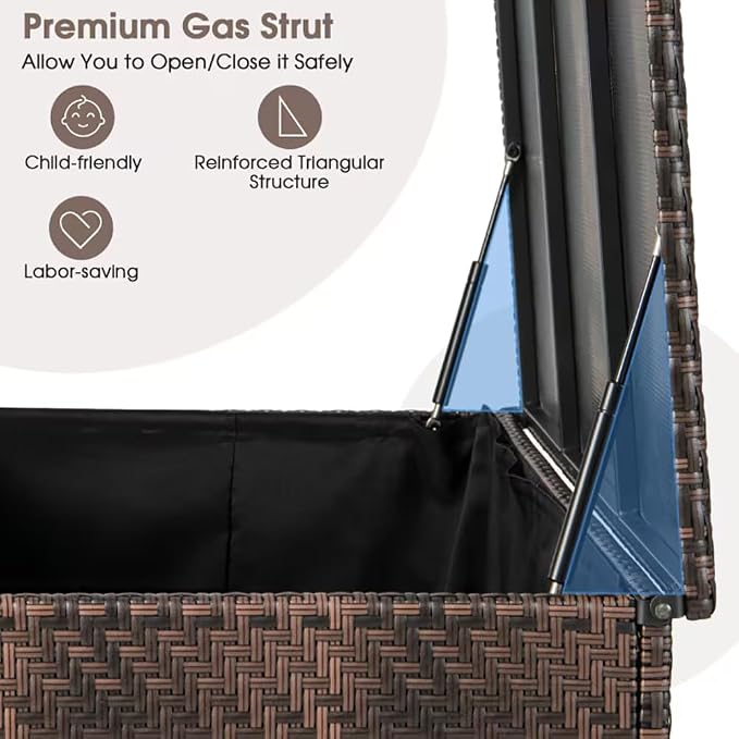 96 Gallon Outdoor Wicker Storage Box, Waterproof Deck Box with Wheels & Gas Strut, Weather Resistant Patio Container for Cushions, Tools, Garden
