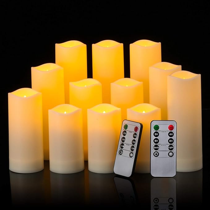 Enpornk Waterproof Flickering Flameless Candles, Set of 12 Battery Operated Candles (D2.2'' x H4''5''6''7"), Outdoor Indoor Candles with 10-Key Timer Remote, Long Lasting