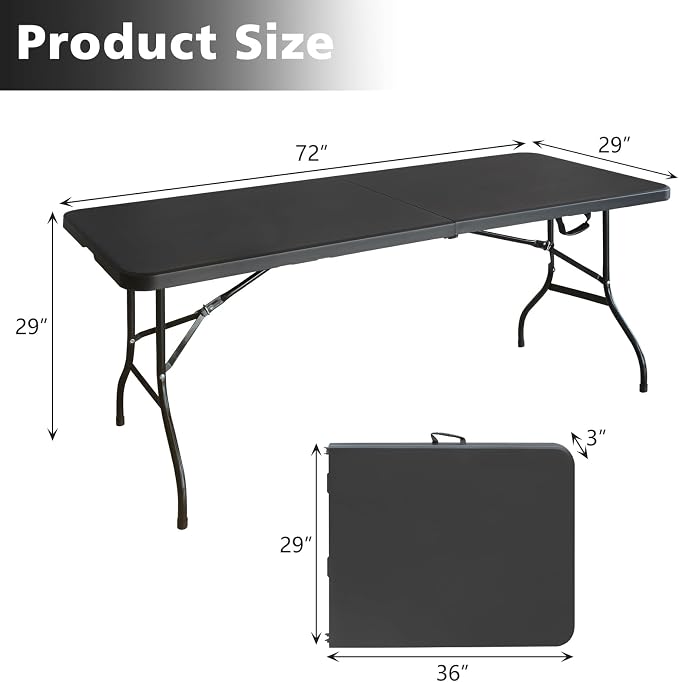 Portable 6Ft Folding Table, Heavy Duty Plastic Fold-in-Half Utility Foldable Dining Table, Multi-Purpose Plastic Folding Table with Carrying Handle for Camping and Party Indoor/Outdoor (Black)