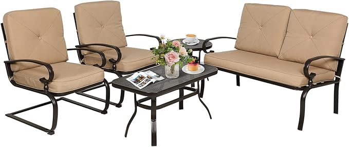 Oakcloud 5Pcs Metal Outdoor Furniture Patio Conversation Set (Loveseat, Coffee Table and Bistro Table, 2 Spring Chair) -Wrought Iron Patio Chair Set with Cushions (Brown)