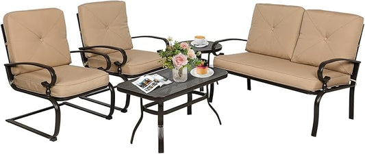 Oakcloud 5Pcs Metal Outdoor Furniture Patio Conversation Set (Loveseat, Coffee Table and Bistro Table, 2 Spring Chair) -Wrought Iron Patio Chair Set with Cushions (Brown)