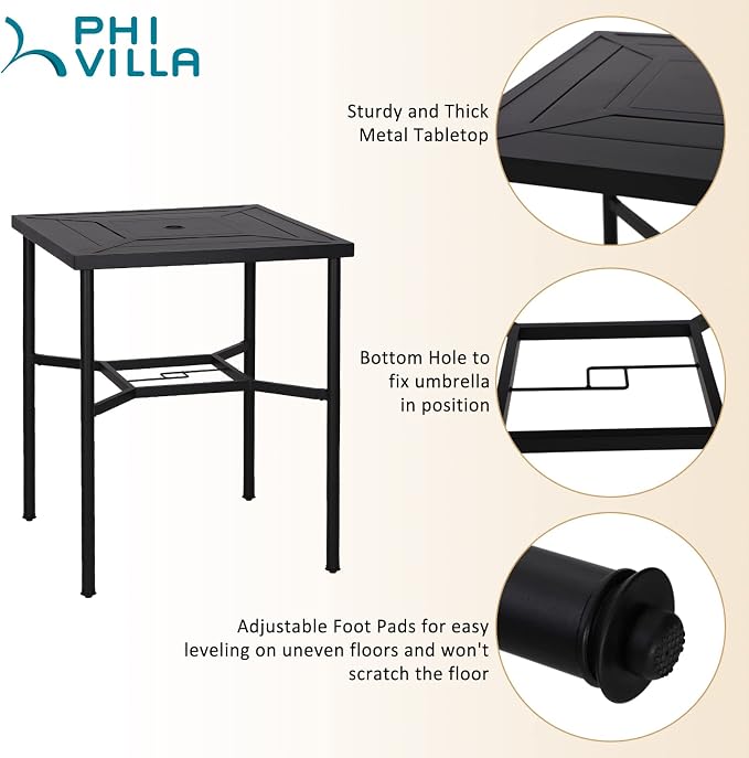 PHI VILLA Outdoor Bar Table 38" Height Patio Metal Bistro Dining Table Square with Umbrella Hole for Lawn Garden Backyard