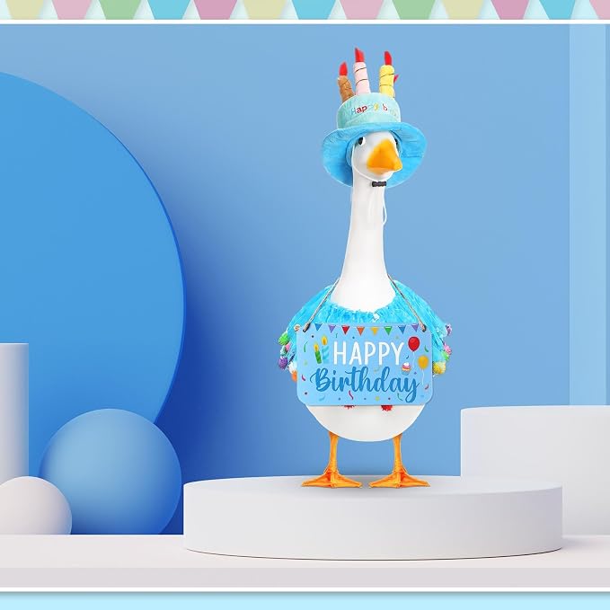 Happy Birthday Porch Goose Outfit Lawn Goose Cloth Costume for 23" Cement Plastic Patio Yard Statue Outdoor (Blue,Tutu Skirt)