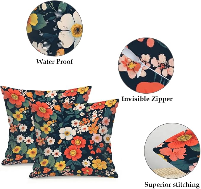22x22 Inch Outdoor Pillow Covers Set of 2 Waterproof Throw Pillow Covers Decorative Couch Cushion Covers Art Flowers Leaves Square Pillowcases Protectors for Patio Garden Sofa