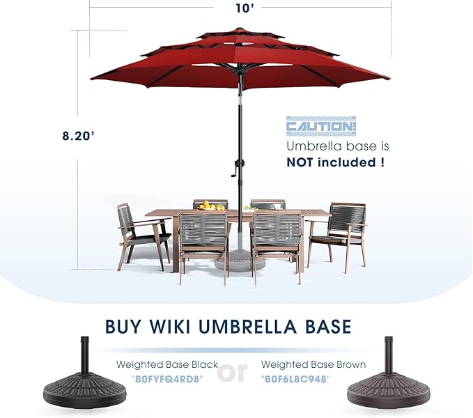 wikiwiki 10ft 3-Tier Patio Umbrella Outdoor Table Market Umbrella for Patio with Push Button Tilt/Crank, Fade Resistant Waterproof POLYESTER Canopy for Garden, Deck, Backyard & Pool, Burgundy Red