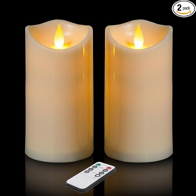 Flameless Candles 3"D X 6"H Set of 2 Outdoor Indoor Pillars Battery Operated Flickering Candles Include 8-Key Remote Timer Function, Fake Plastic Pillar Candles for Aniversary, Christmas Decor