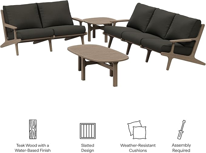 Modway Saratoga 4-Piece Outdoor Furniture Set in Flint Gray - Patio Conversation Set with Sofa, Loveseat, Side Table and Coffee Table