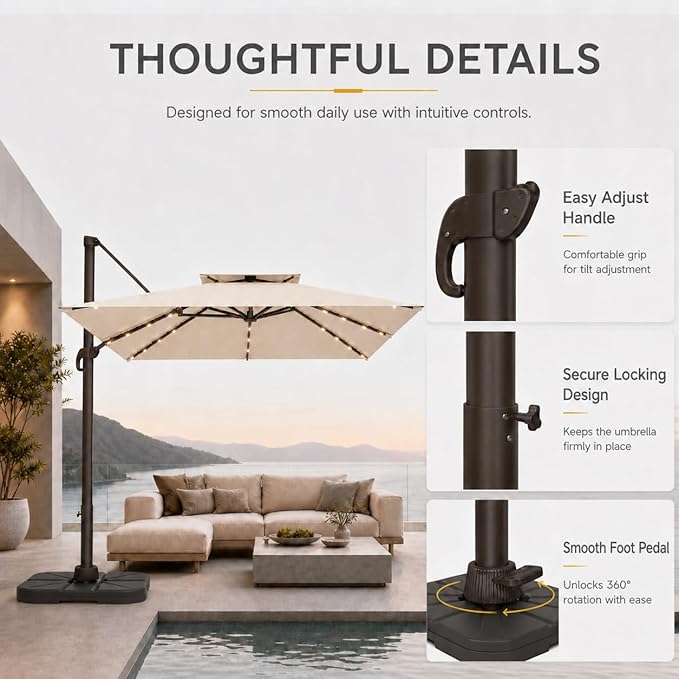10FT Cantilever Patio Umbrella with Solar Lights, Large Outdoor 2 Tier Aluminum Offset Square Umbrellas 360 Degree Rotation for Garden Deck Pool