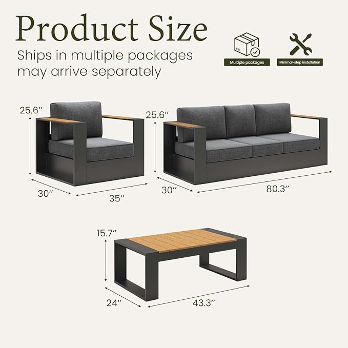LayinSun 4 Pieces Aluminum Patio Furniture Set with Coffee Table, Oversized Outdoor Conversation Set 5 Seats with 6" Thick Cushions for Outside Porch, Balcony, Deck