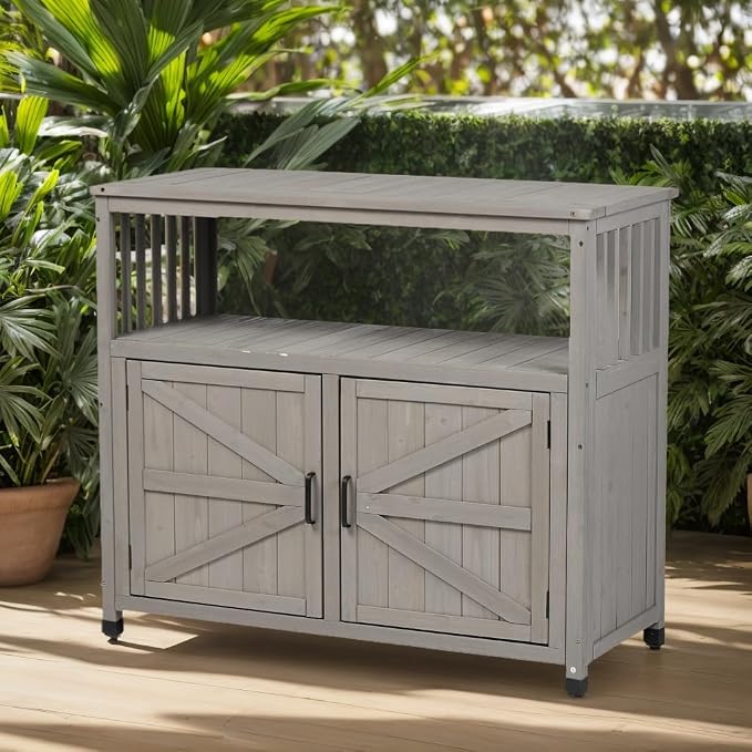 Outdoor Storage Cabinet, Patio Cabinet, Solid Wood Outdoor Console Table, Grey Slatted Buffet Cabinet Sideboard for Patio, Deck, Backyard, 220 Lb Capacity