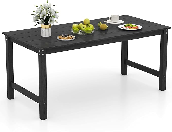 Tangkula HDPE Outdoor Dining Table for 6 Person, 67” Patio Table with Wood-Like Tabletop and Umbrella Hole, Weather-Resistant Rectangle Table for Garden, Backyard and Poolside (Black, 1 Table)