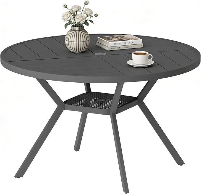 47" Outdoor Patio Table Dining Table All Weather Metal Round Patio Dining Table with Adjustable Umbrella Hole Patio Furniture for Lawn Garden Backyard, Grey
