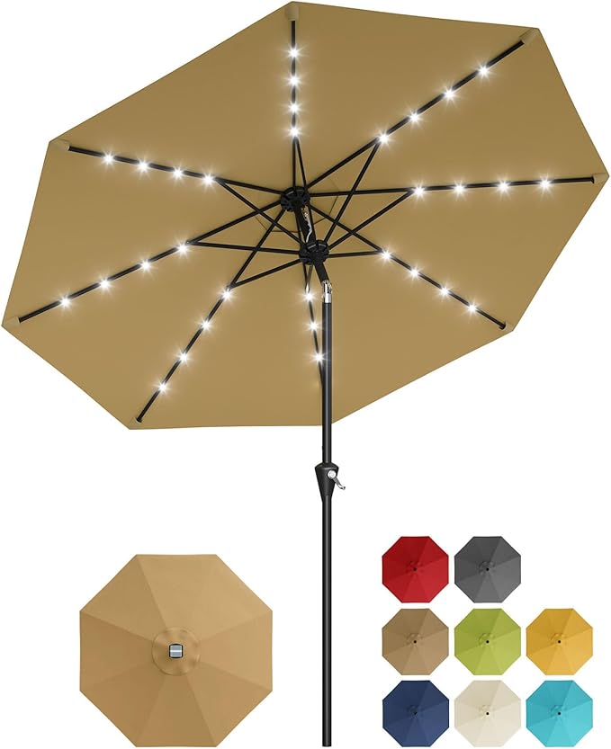 Garvee 9/10 FT Solar Patio Umbrella with 32 LED Lights - Outdoor Table Umbrella with Crank Lift, Push Button Tilt and 8 Sturdy Ribs - Market Umbrella UV Protection for Pool, Deck, Yard, Garden