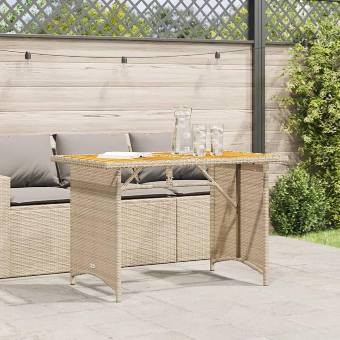 Powder-Coated Steel Garden Table with Beige PE Rattan and Solid Acacia Wood Top, Outdoor Dining Table for Patio, Beige Garden 43.3 x 26.8 x 27.6 in