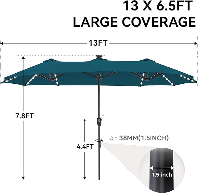 GREEN PARTY 13ft Outdoor Patio Umbrella with Solar Lights, 120 LED 12-Mode Large Double Sided Rectangular Table Umbrella, Heavy Duty Triple-Head Shade for Backyard Deck & Poolside, Cerulean(No Base)