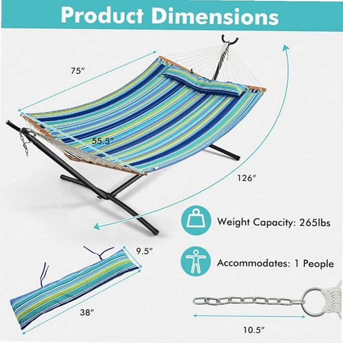 Beech Wood Foldable Patio Hammock with Detachable Pillow & Adjustable Chains, 55.5x75in, 265lb Capacity, Blue & Green Mix Color