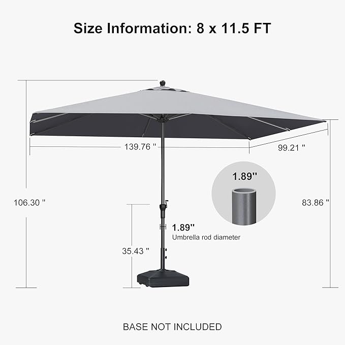 PURPLE LEAF 11.5' x 8' Rectangle Patio Market Umbrella with Base Outdoor Table Umbrellas Aluminum Frame Sun Shade with 8 Sturdy Ribs for Garden Deck Lawn Pool Light Gray