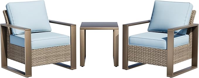 Outdoor Wicker Metal Chairs Set of 2 with Matching Side Table - 3 Pieces Patio Bistro Set with Removable Olefin Fabric Cushions & Rectangular Framed Wood-Looking Metal Armrest, Baby Blue
