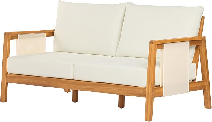 Christopher Knight Home Crew Acacia Wood Outdoor Loveseat and Coffee Table Set, 2 Piece Patio Furniture Set with Removable Cushion, Solid Wood Outdoor Conversation Set, Teak+Beige
