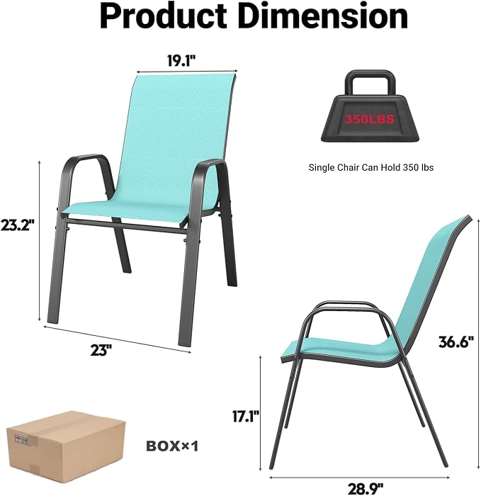 5 Piece Patio Dining Set, Stackable Outdoor Chairs Set of 4 with Textilene Fabric, 37.8" Wood-Grain Square Table with Umbrella Hole for Backyard Lawn Party (1 Table + 4 Chairs) (Sky Blue)