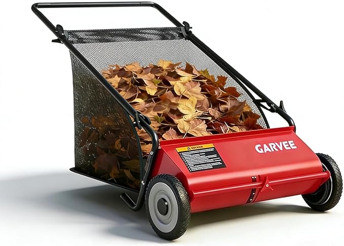 GarveeLife Push Lawn Sweeper, 21 Inch Extra-Wide 4-Brush System, 3.5 cu.ft. Mesh Bag, Heavy Duty Steel Frame, Height-Adjustable Yard & Garden Cleaner for Leaves and Grass, Red