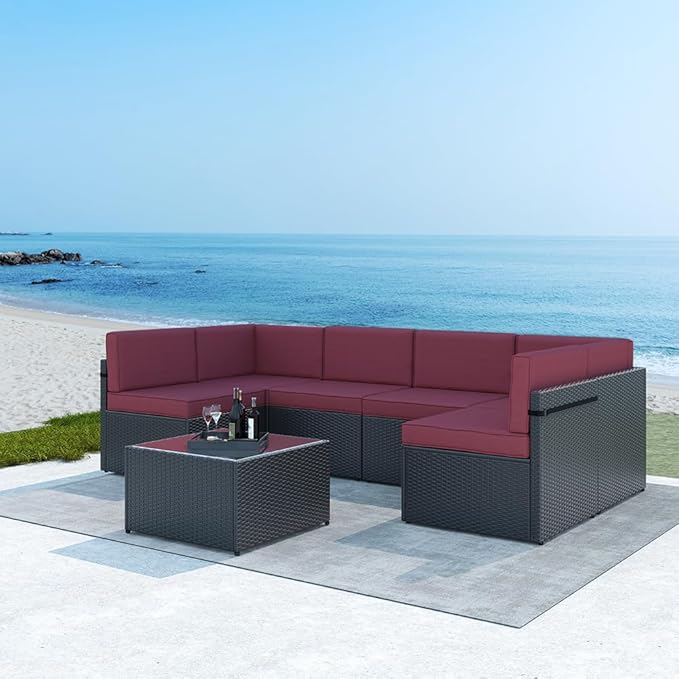 FIZZEEY 7 PCs Outdoor Patio Furniture PE Wicker Rattan Sectional Conversation Sofa Set, Burgundy