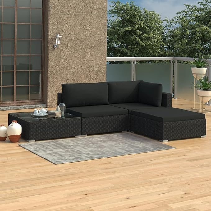 Patio Lounge Set with Cushions,Outdoor Furniture,Outdoor Furniture Sets,Patio Conversation Sets,for Garden,Deck,Backyard,4 Piece Poly Rattan Black