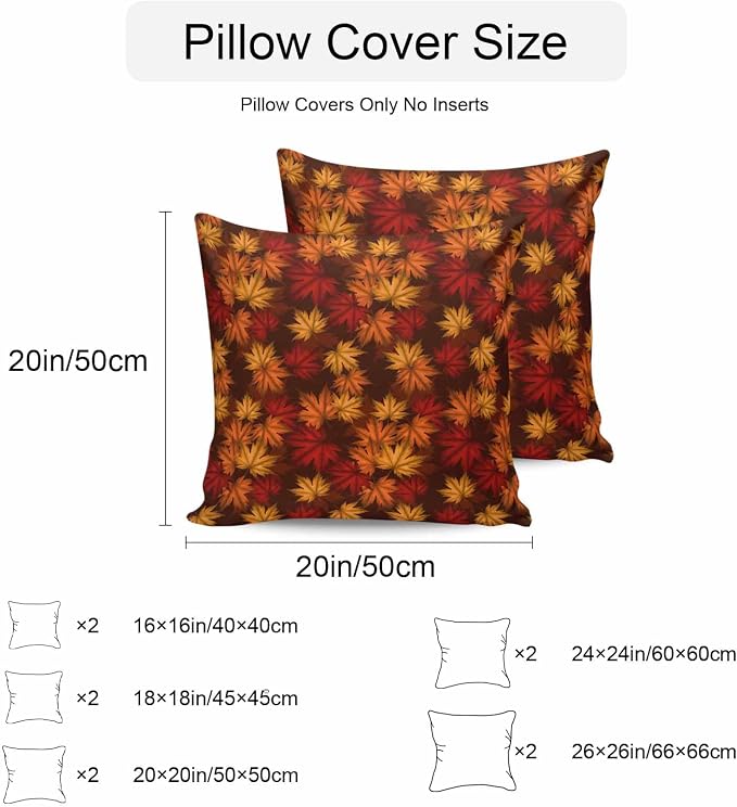 Brown Thanksgiving Outdoor Waterproof Pillow Covers, Fall Maple Leaves Farmhouse Vintage Decorative Square Throw Pillowcase Sofa Cushion Sham for Patio/Couch/Chair, 26"x26" 2 Pack