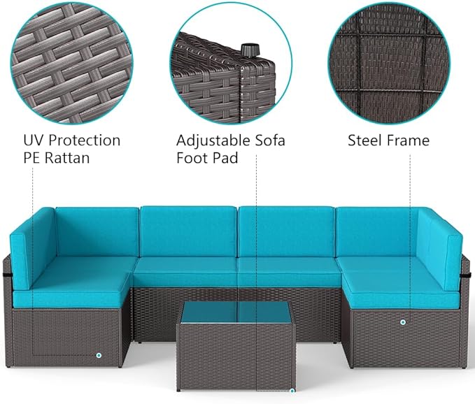 FIZZEEY 7 PCs Outdoor Patio Furniture PE Wicker Rattan Sectional Conversation Sofa Set, Turquoise