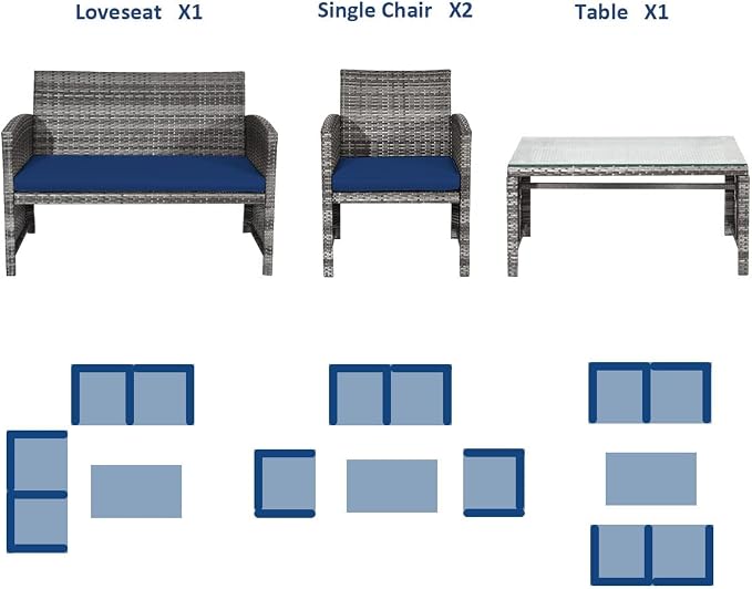 DORTALA 4 Piece Patio Furniture Set, Outdoor Wicker Conversation Set with Soft Cushions & Tempered Glass Coffee Table, Rattan Patio Sofa Bistro Sets for Courtyard Balcony, Navy
