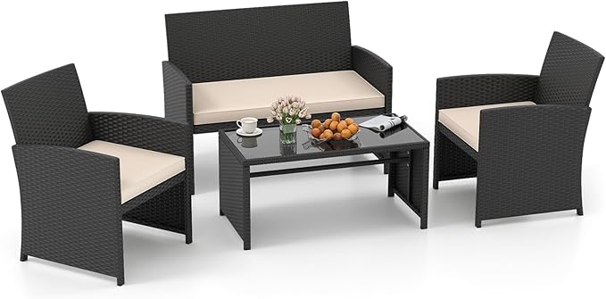 Tangkula 4 Pieces Patio Wicker Furniture Set, Outdoor Heavy Duty Rattan Cushioned Chairs, Loveseat and Tempered Glass Coffee Table, for Backyard, Balcony, Poolside (1, Off White)