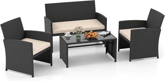 Tangkula 4 Pieces Patio Wicker Furniture Set, Outdoor Heavy Duty Rattan Cushioned Chairs, Loveseat and Tempered Glass Coffee Table, for Backyard, Balcony, Poolside (1, Off White)