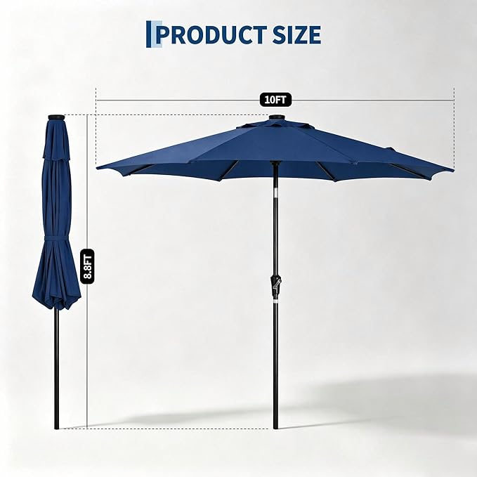 Garvee 10FT Patio Umbrella with 32 Solar LED Lights, Outdoor Table Market Umbrella with Tilt and Crank, 8 Sturdy Iron Ribs Sun Shade for Garden, Deck, Backyard and Pool, Navy Blue
