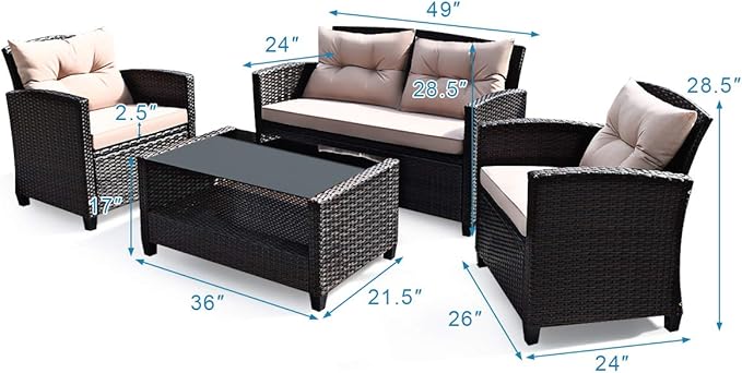 Tangkula 4-Piece Patio Furniture Set, Rattan Wicker Chair Set with 1 Loveseat, 2 Single Sofas, 1 Coffee Table with Tempered Glass Top, Outdoor Furniture Sets for Backyard, Porch, Garden and Poolside