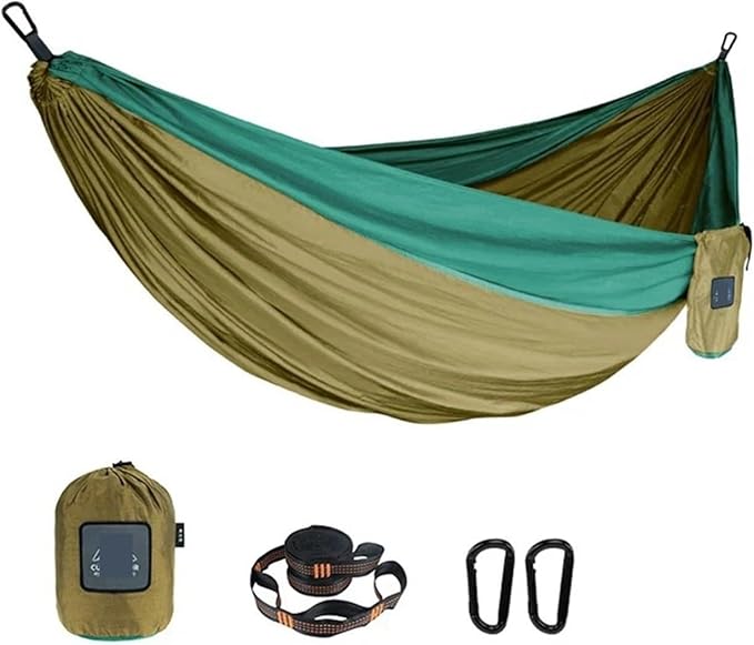 Hammock Portable Nylon Parachute Fabric Single and Double Size Outdoor Camping Hiking Garden Hammock Quick-Opening(Single Brown Green)