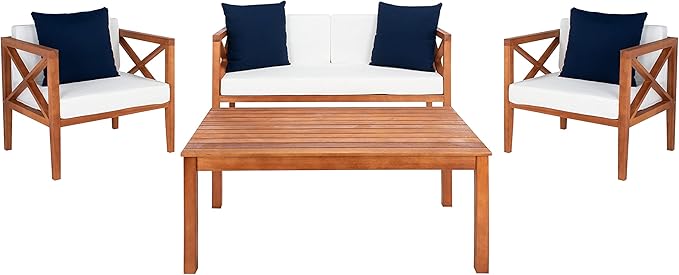 Safavieh PAT7031A Collection Nunzio Teak and White and Navy 4 Pc Accent Pillows Outdoor Set