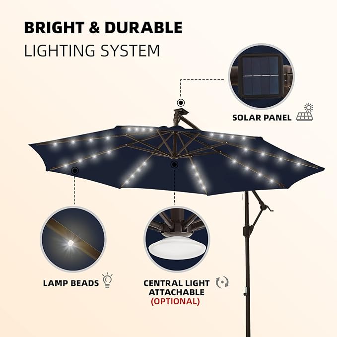 wikiwiki 10ft Solar LED Offset Hanging Market Cantilever Patio Umbrella for Backyard, Poolside, Lawn and Garden, Easy Tilt Adjustment, Polyester Shade & Cross Base, Navy