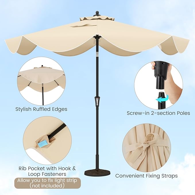 HAPPYGRILL 9 FT Patio Umbrella with Ruffled Edges, Outdoor Table Umbrella with Push Button Tilt, Crank, 8 Ribs, Heavy-Duty Market Sunshade for Yard Garden Pool