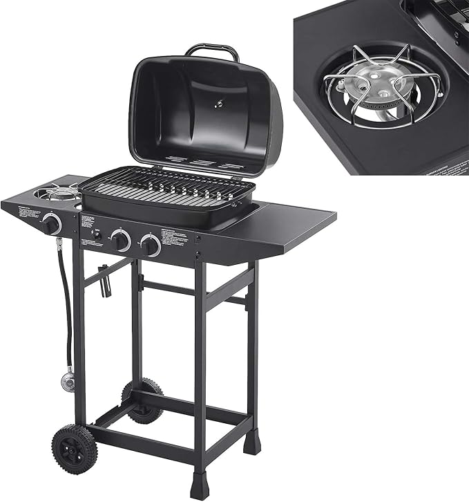 2-Burner Propane Gas BBQ Grill with Side Burner, 24,000 BTU Stainless Steel Barbecue Grill with Cast Iron Grates and Side Table for Outdoor Cooking Kitchen Patio
