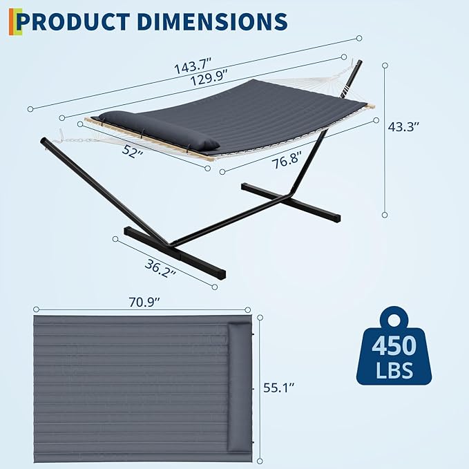 Double Hammock with Space Saving Steel Stand Included, 2 Person Standing Hammocks with PP Cotton Pad and Pillow, Handmade Cotton Rope Hammock, Outdoor Portable Hammocks for Outside Backyard Garden