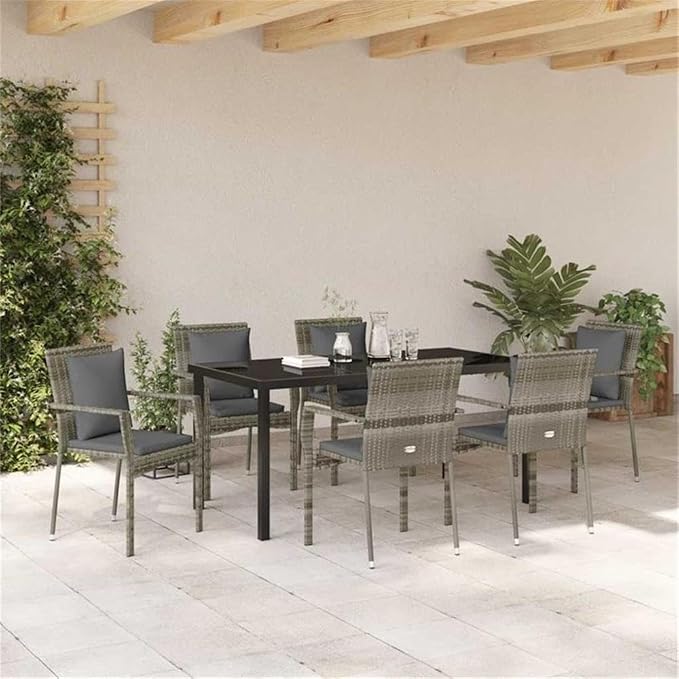 Afuera Living 7 Piece Poly Rattan Patio Dining Set, Gray Finish, Includes Cushions, Tempered Glass Tabletop, Seating for 6, Durable Lightweight Design, Modern Style Outdoor Garden or Patio Furniture